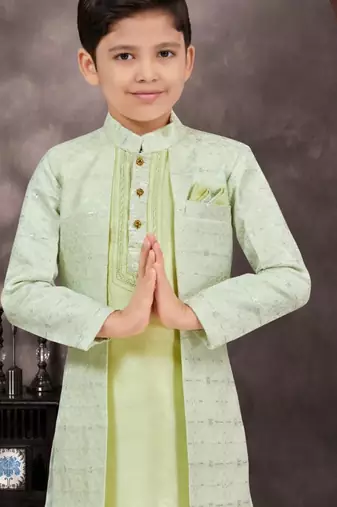 Green jackard & banarasi silk indo western with silk dupion pajama for kids