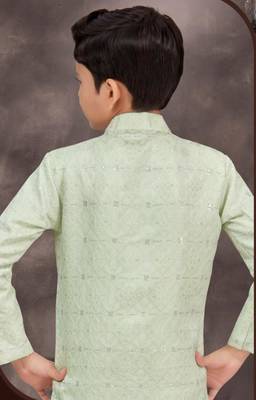 Green jackard & banarasi silk indo western with silk dupion pajama for kids 3