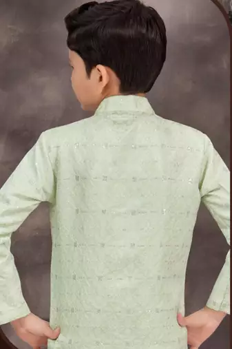 Green jackard & banarasi silk indo western with silk dupion pajama for kids