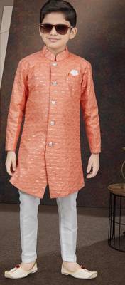 Orange champion silk sherwani with silk dupion pajama for kids 1