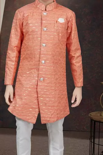 Orange champion silk sherwani with silk dupion pajama for kids