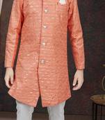 Orange champion silk sherwani with silk dupion pajama for kids