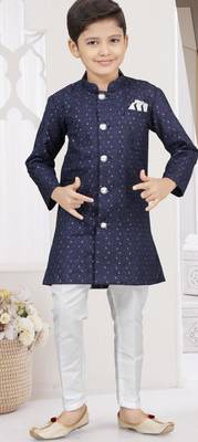 Blue champion silk sherwani with silk dupion pajama for kids 1