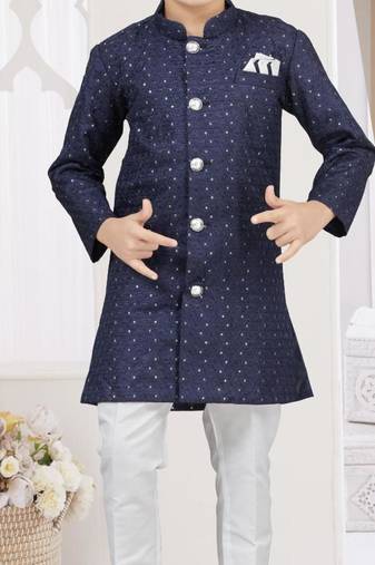 Blue champion silk sherwani with silk dupion pajama for kids