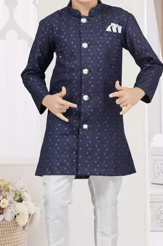 Blue champion silk sherwani with silk dupion pajama for kids