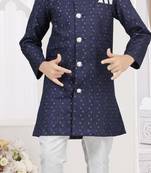 Blue champion silk sherwani with silk dupion pajama for kids