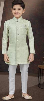 Green kasak zari jackard sherwani with silk dupion pajama for kids 1