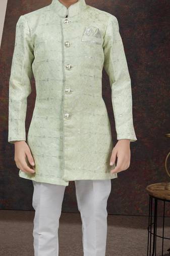 Green kasak zari jackard sherwani with silk dupion pajama for kids