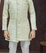 Green kasak zari jackard sherwani with silk dupion pajama for kids