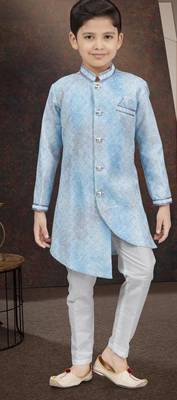 Blue pure silk sherwani with silk dupion pajama for kids 1