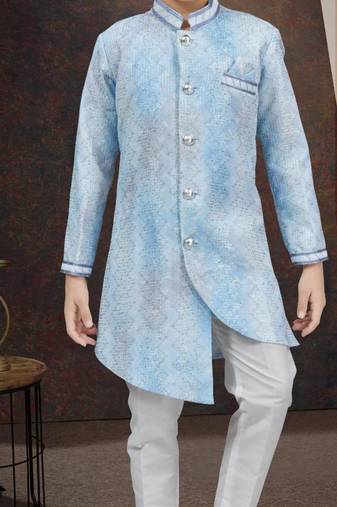 Blue pure silk sherwani with silk dupion pajama for kids