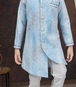 Blue pure silk sherwani with silk dupion pajama for kids