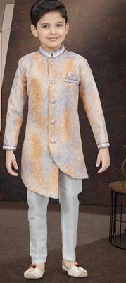 Orange pure silk sherwani with silk dupion pajama for kids 1