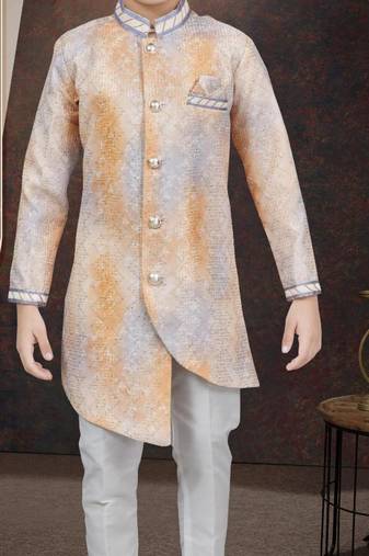 Orange pure silk sherwani with silk dupion pajama for kids
