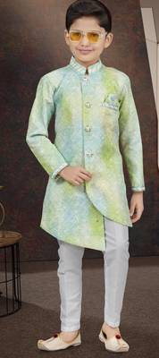 Green pure silk sherwani with silk dupion pajama for kids 1