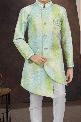 Green pure silk sherwani with silk dupion pajama for kids