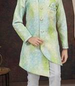 Green pure silk sherwani with silk dupion pajama for kids
