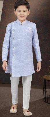 Blue jackard sherwani with silk dupion pajama for kids 1
