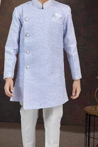 Blue jackard sherwani with silk dupion pajama for kids