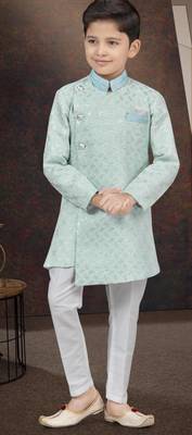 Green kasak zari jackard sherwani with silk dupion pajama for kids 1