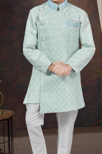 Green kasak zari jackard sherwani with silk dupion pajama for kids