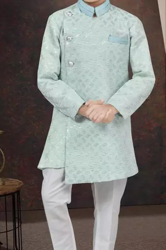 Green kasak zari jackard sherwani with silk dupion pajama for kids