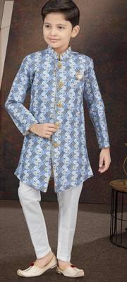 Blue jackard sherwani with silk dupion pajama for kids 1