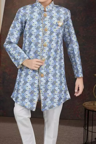 Blue jackard sherwani with silk dupion pajama for kids