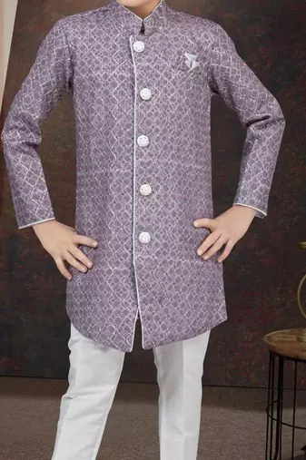 Purple jackard sherwani with silk dupion pajama for kids