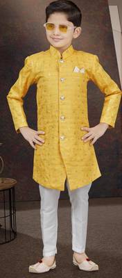 Yellow champion silk sherwani with silk dupion pajama for kids 1