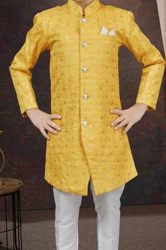 Yellow champion silk sherwani with silk dupion pajama for kids