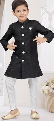 Black kasak zari jackard sherwani with silk dupion pajama for kids 1
