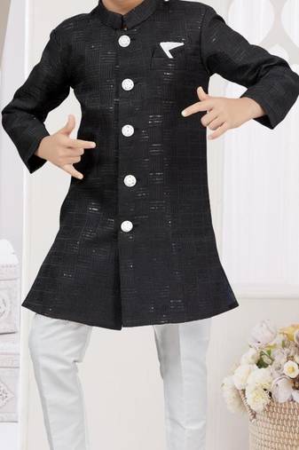 Black kasak zari jackard sherwani with silk dupion pajama for kids