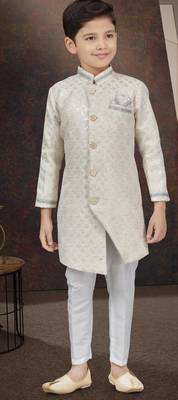 White kasak zari jackard sherwani with silk dupion pajama for kids 1