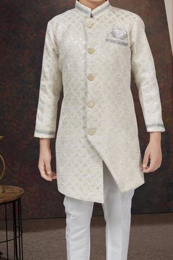White kasak zari jackard sherwani with silk dupion pajama for kids