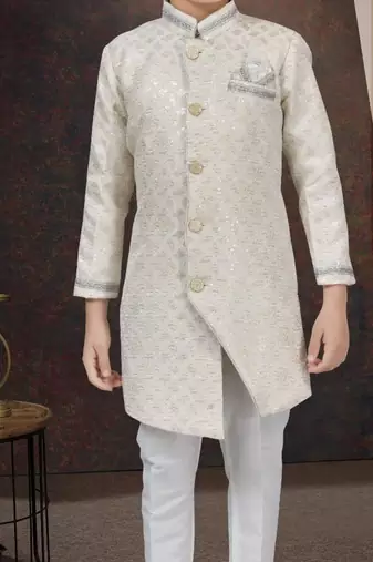 White kasak zari jackard sherwani with silk dupion pajama for kids