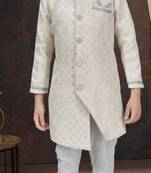 White kasak zari jackard sherwani with silk dupion pajama for kids