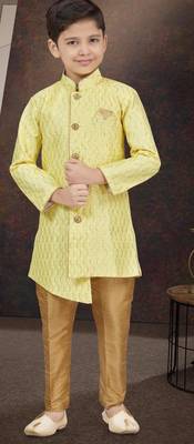 Yellow art silk sherwani with silk dupion pajama for kids 1