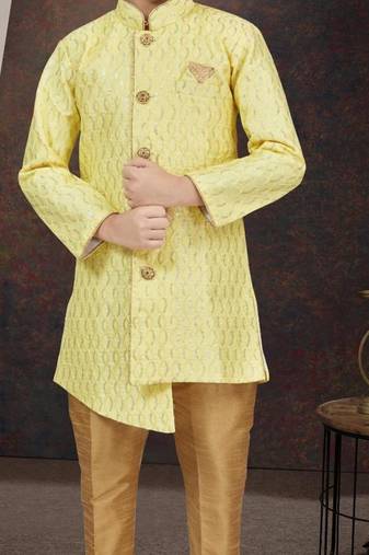 Yellow art silk sherwani with silk dupion pajama for kids