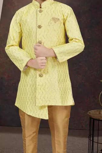 Yellow art silk sherwani with silk dupion pajama for kids
