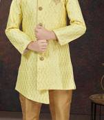 Yellow art silk sherwani with silk dupion pajama for kids
