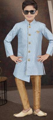Blue art silk sherwani with silk dupion pajama for kids 1