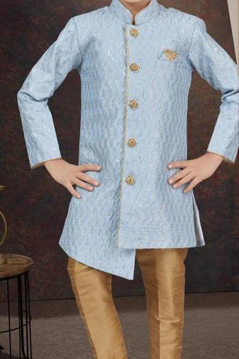 Blue art silk sherwani with silk dupion pajama for kids