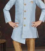 Blue art silk sherwani with silk dupion pajama for kids