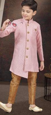 Pink art silk sherwani with silk dupion pajama for kids 1