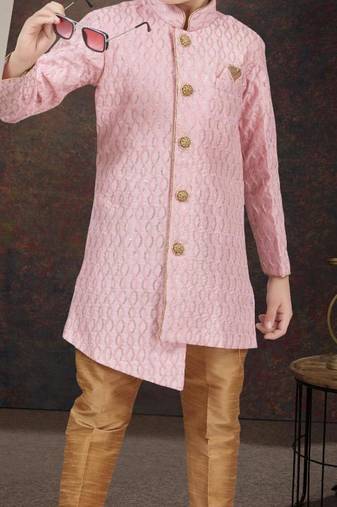 Pink art silk sherwani with silk dupion pajama for kids