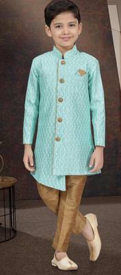 Green art silk sherwani with silk dupion pajama for kids 1