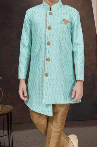 Green art silk sherwani with silk dupion pajama for kids