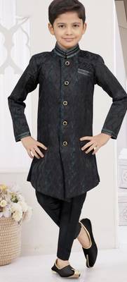Black siyara jackard sherwani with silk dupion pajama for kids 1
