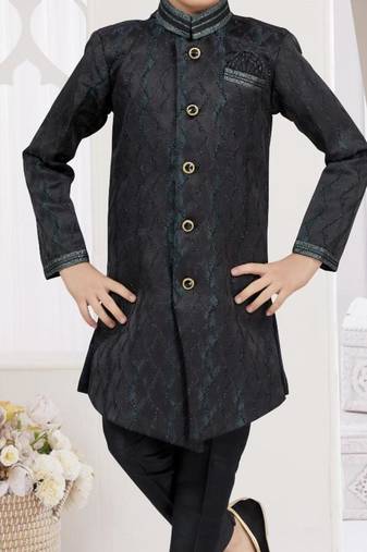 Black siyara jackard sherwani with silk dupion pajama for kids